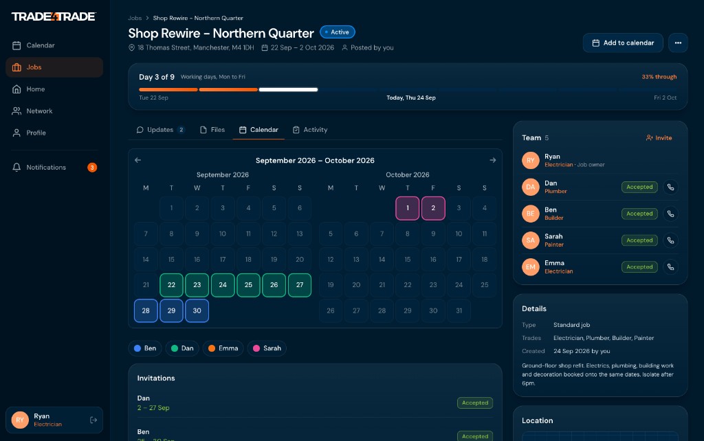 Shop Rewire on the shared calendar, with four trades booked across the same job