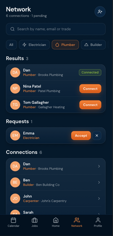 The Network screen in the TRADE4TRADE app